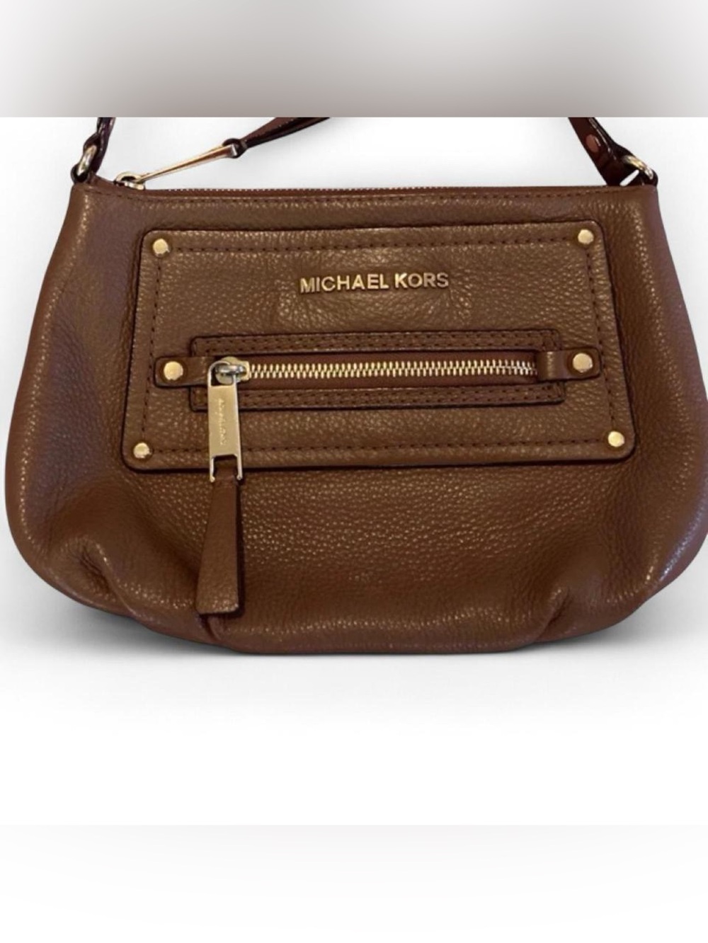 Michael Kors Brown Leather Crossbody Studded Purse with Credit Card Slots Inside